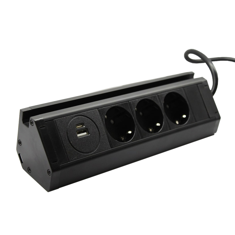 EH-AR-308_1 Меблева розетка кухонна горизонтальна з кабелем 3x16А, USB A+C 3.4А, чорний - Зображення 1