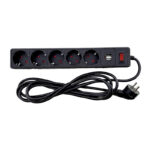 Мережевий фільтр із заземленням 5 гнізд + 2USB, 3 м, чорний, захисні шторки